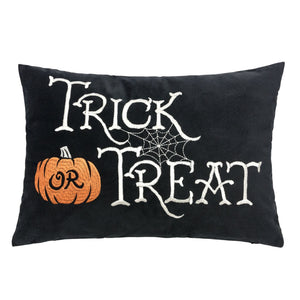 Black Velvet Halloween Lumbar Pillow with Embroidered Trick or Treat – Includes Insert