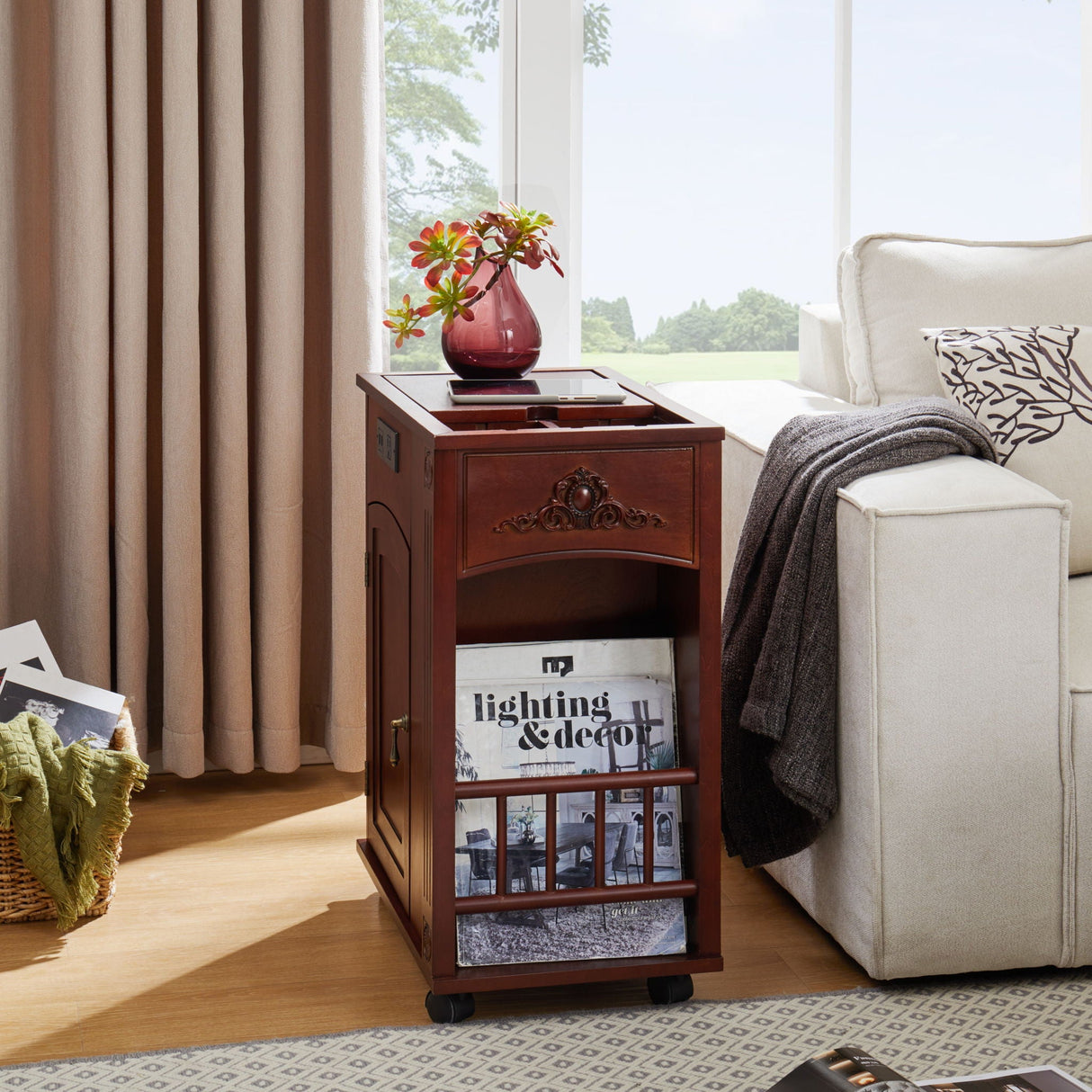 Traditional End Table With Charging Station, Narrow Side Table With USB Ports And Outlets - Red Walnut