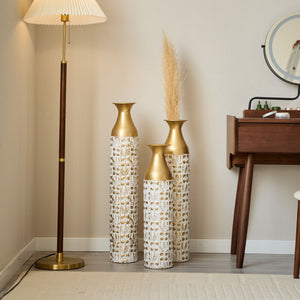 Mother's Day Gift Set Gilded White 3D Relief Flower Metal Vase Set - White / Gold