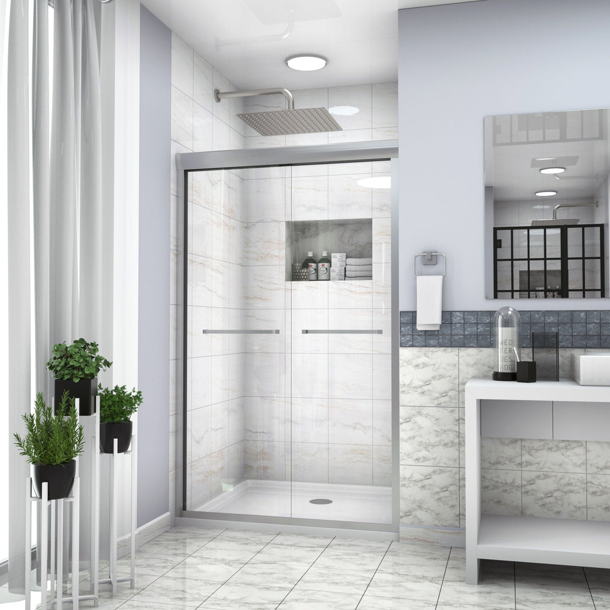 Modern Double Sliding Shower Enclosure with Tempered Glass - Pearl Silver, Gray, Black