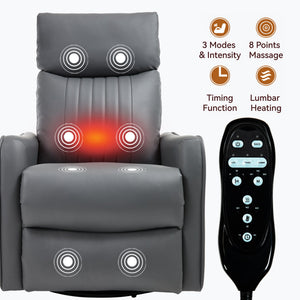 Grey Faux Leather Heat Massage Manual Recliner Chair with Rocker and Swivel