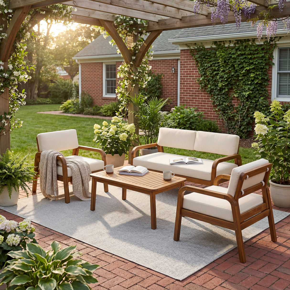 4-Pieces Outdoor Sofa Set with Cushions - Teak