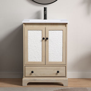 Bathroom Vanity Base, Cabinet With Carved Floral Doors - Natural Wood