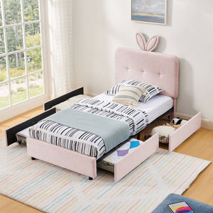 Twin Size Kids Upholstered Bed with Oversized Rabbit Ear Headboard, LED Light & 4 Storage Drawers, Boucle Fabric (79.5''X40.75''X41'')