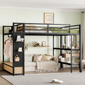 Queen Size Metal Loft Bed Frame with Wardrobe