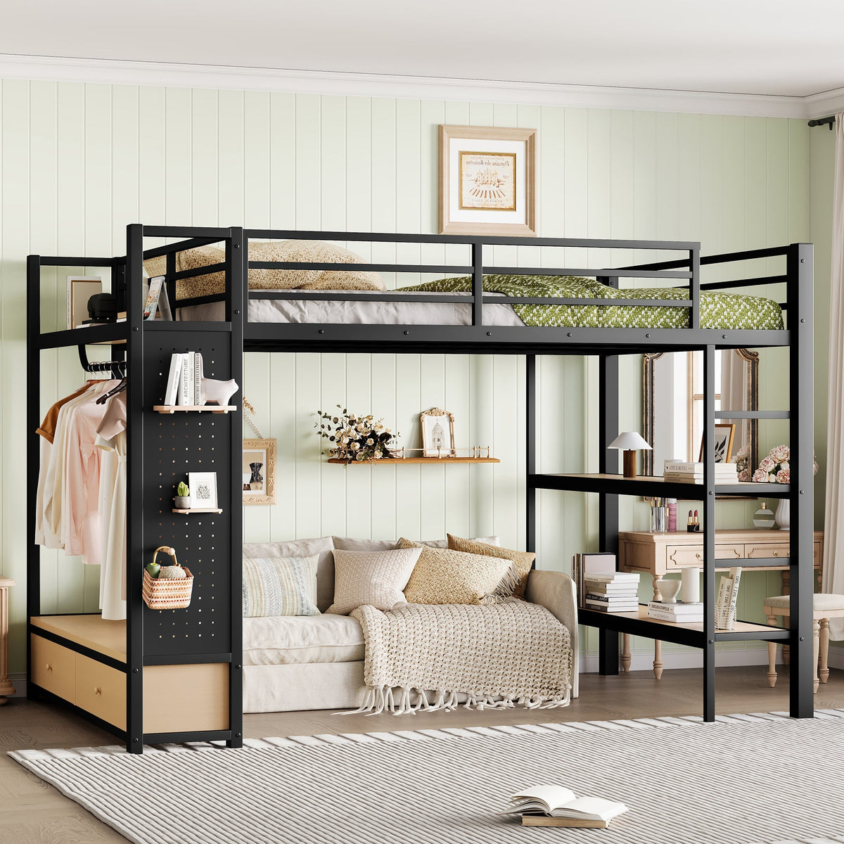 Queen Size Metal Loft Bed Frame with Wardrobe