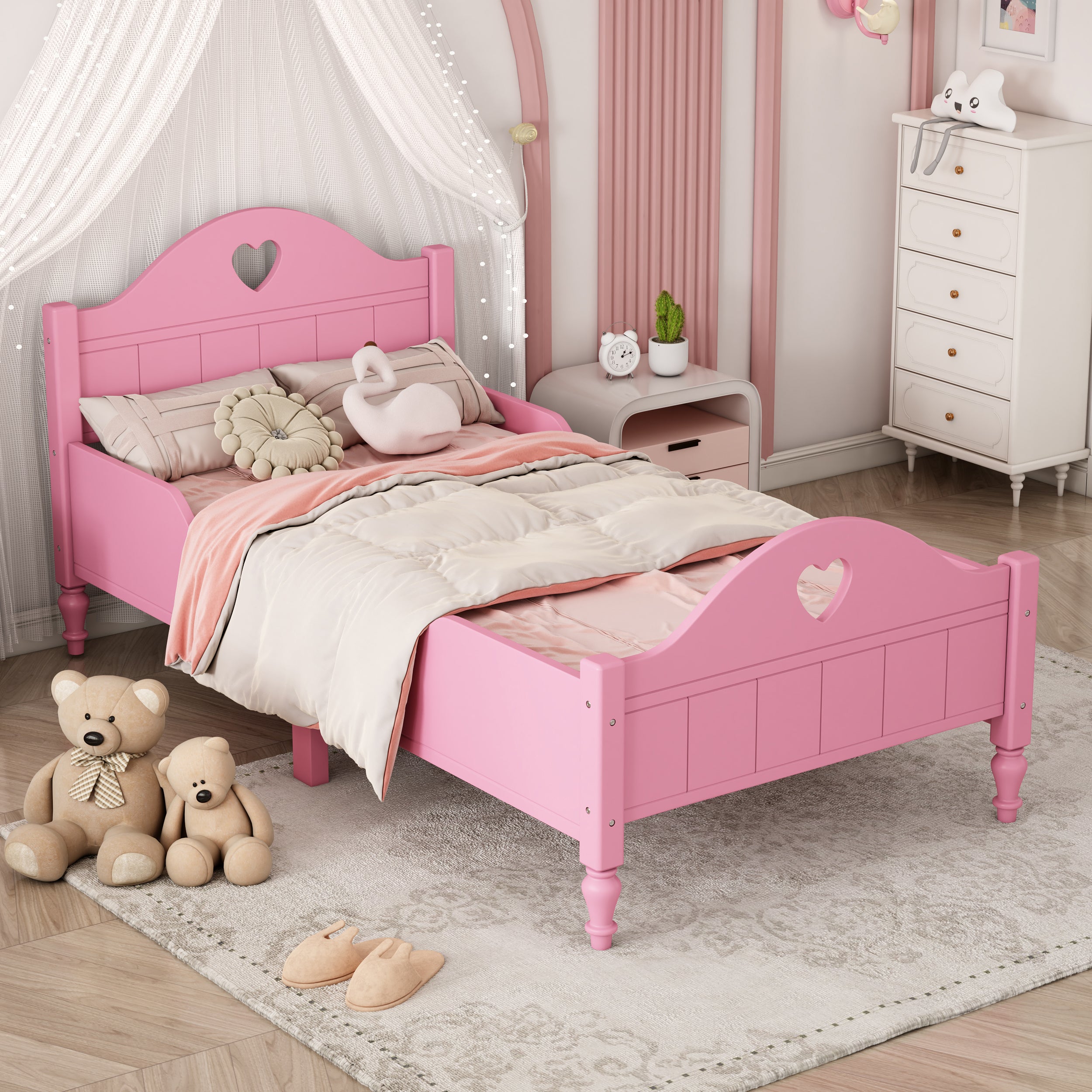 Girl's-Love-Princess-Bed-Macaron-Twin-Size-Toddler-Bed-with-Side-Safety-Rails-,-Light-Pink-Kids-Beds
