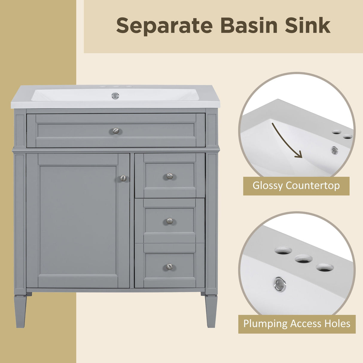 Bathroom Vanity With Top Sink, Storage Cabinet, 2 Drawers, Tip Out Drawer