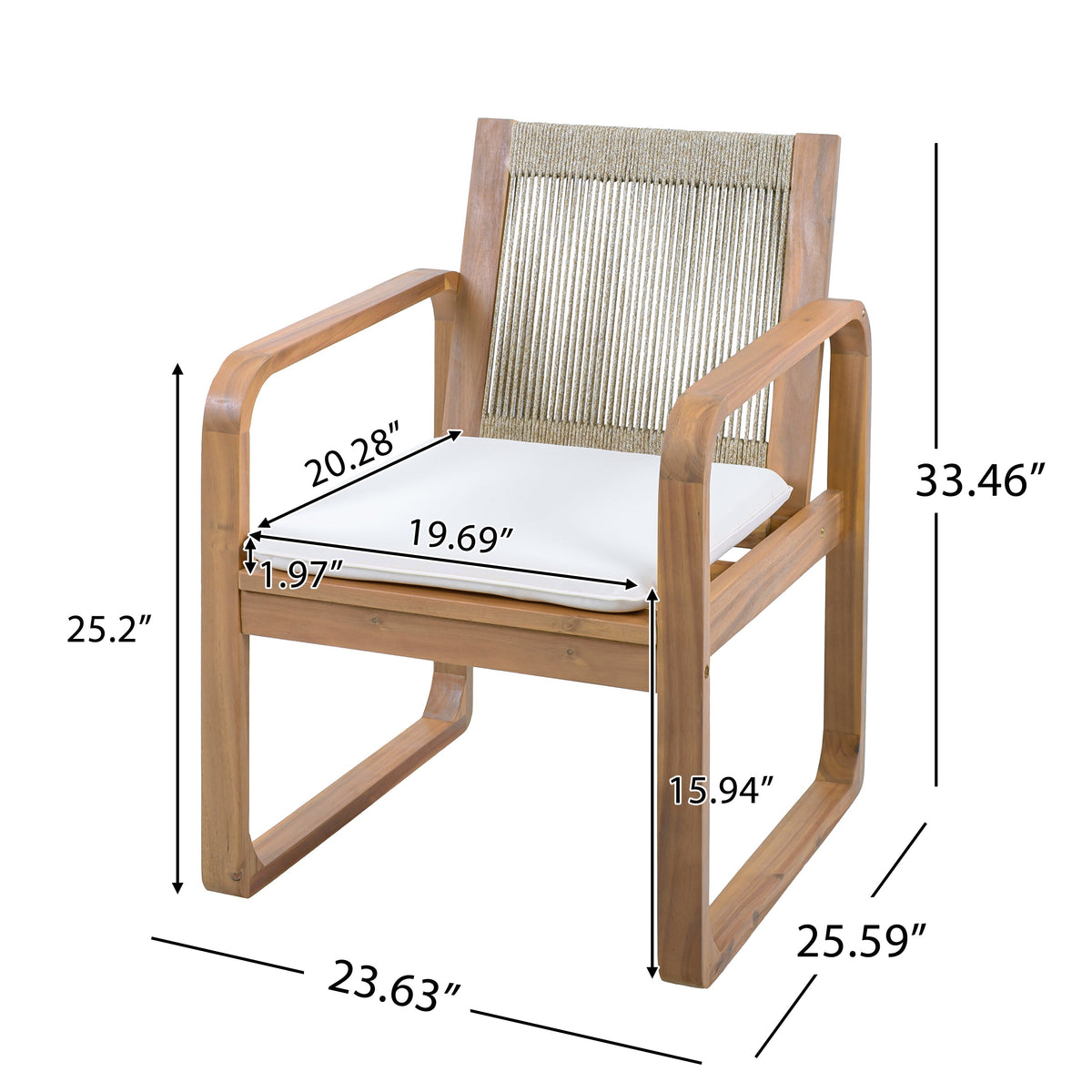 Acacia Wood Outdoor Dining Chairs Set with Rope Back and Cushions - Light Teak