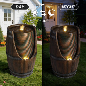 Outdoor Barrel Water Fountain with Lights Rustic Wood Look Resin Handmade Waterfall Garden Decor for Patio Yard Porch