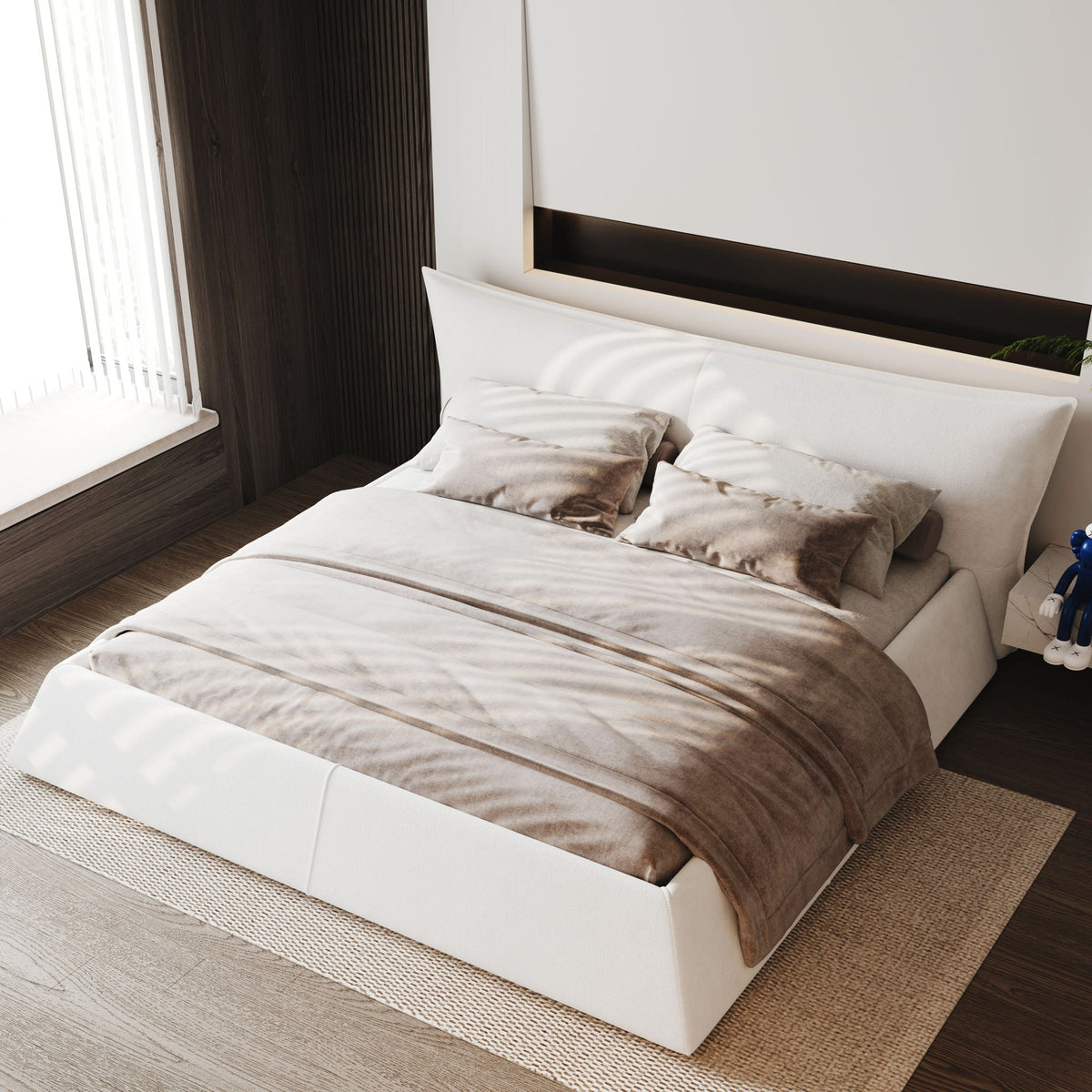 King Size Platform Bed With Special-Shaped Headboard in Cream