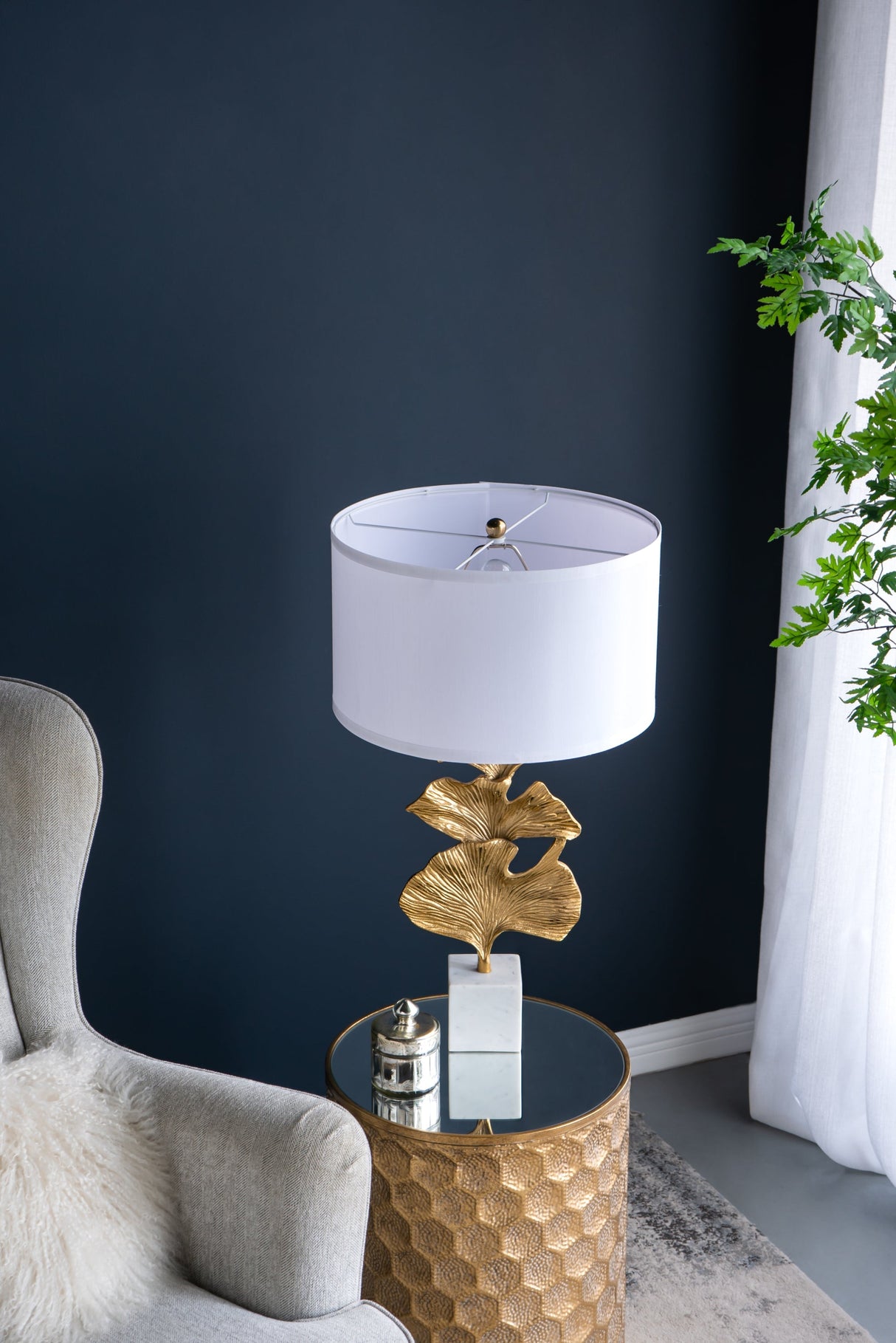 Gold Ginkgo Leaf Table Lamp with Marble Base and White Drum Shade