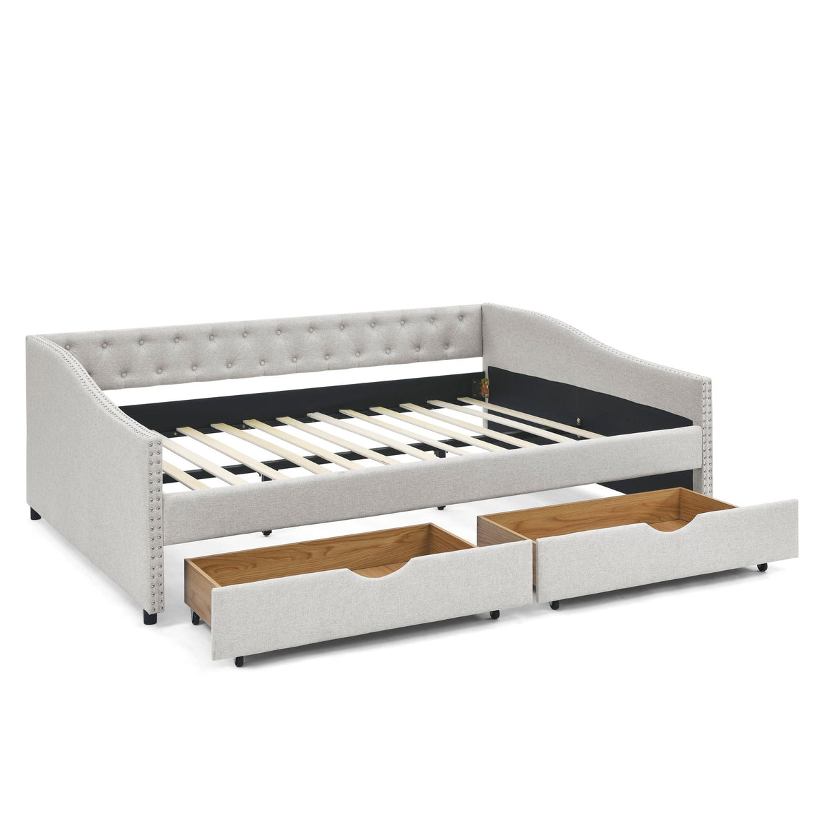 Upholstered Tufted Daybed With Drawers, Waved Arms
