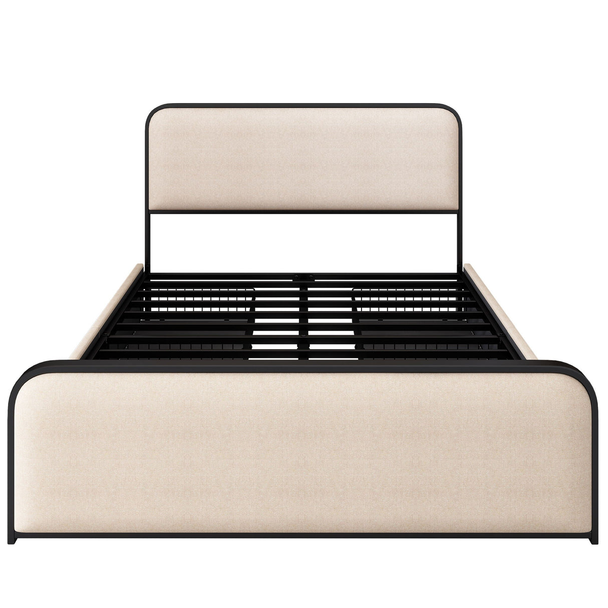 Modern Bed With Curved Upholstered Headboard And Footboard, Heavy Duty Metal Slats