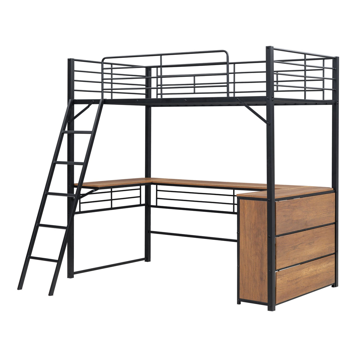 Loft Bed & 3 Layers Of Shelves And L-Shaped Desk