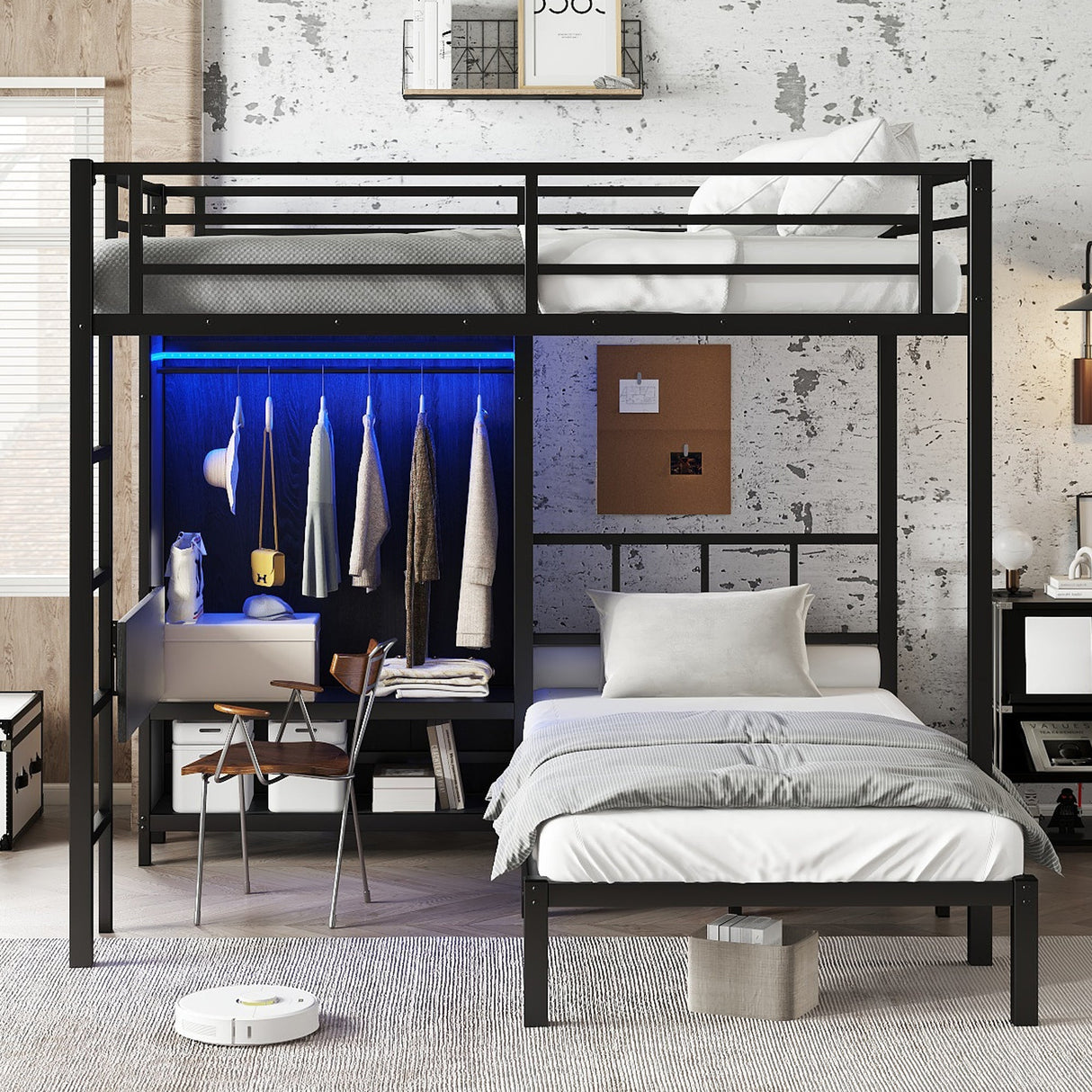 Full XL Over Twin Metal Bunk Bed with Folding Desk and Closet