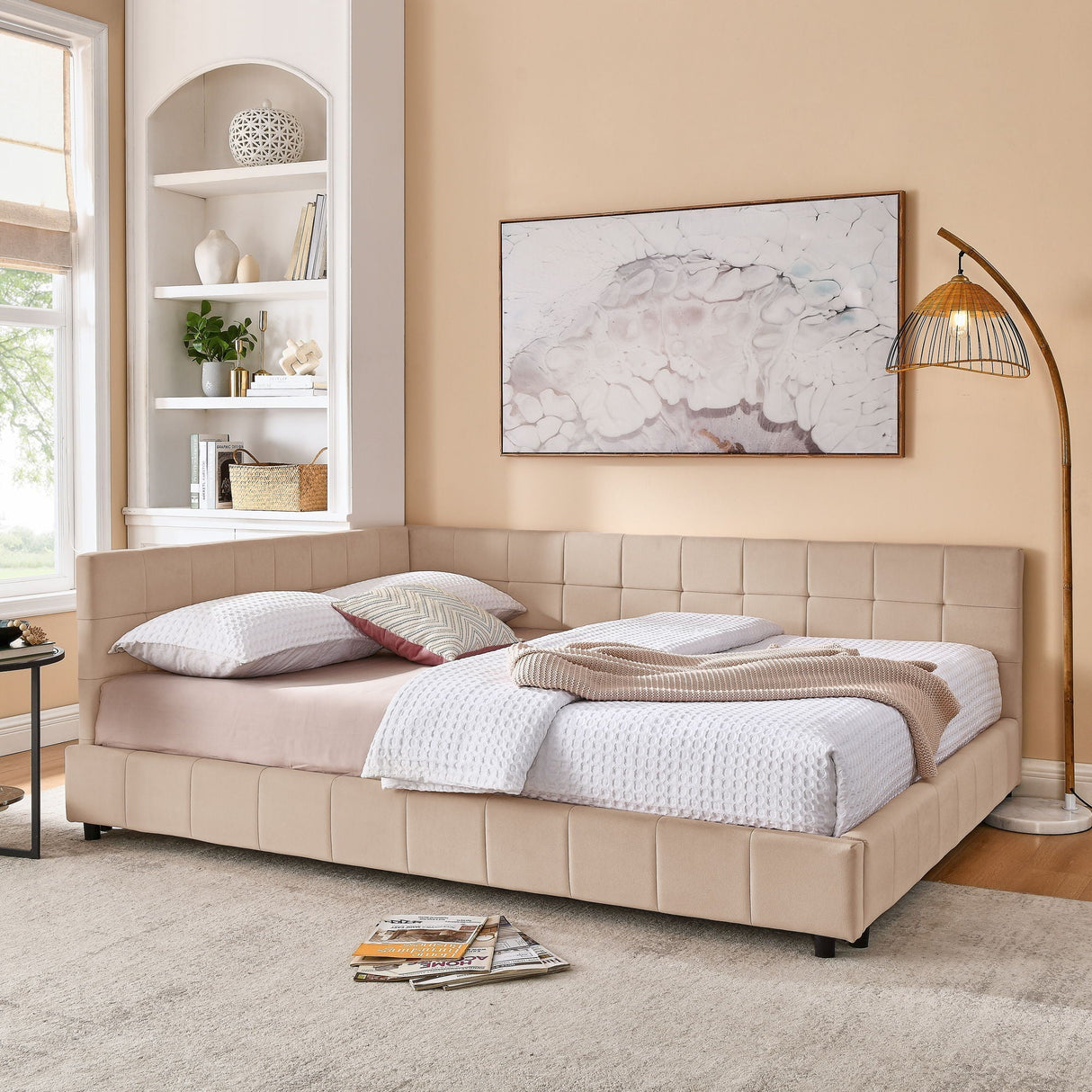Mid-Century Storage Upholstered Tufted Bed Frame with Backrest and Armrests