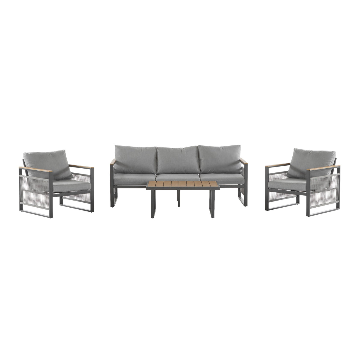 4-Piece Outdoor Metal Patio Furniture Set with Cushion - Grey & Natural