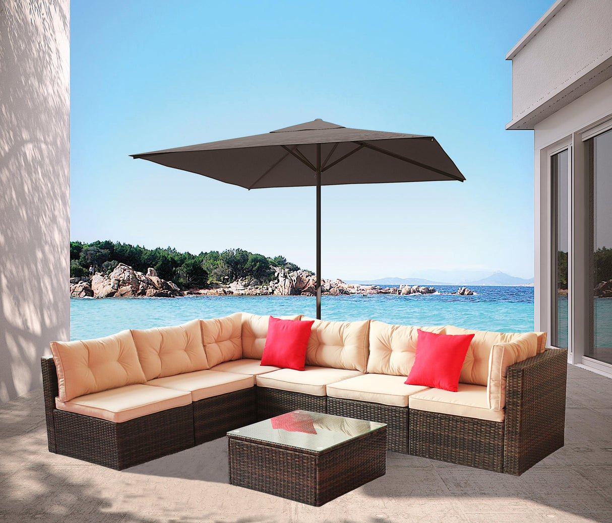 Rattan 7 pc sectional  corner sofa set (brown cushion)