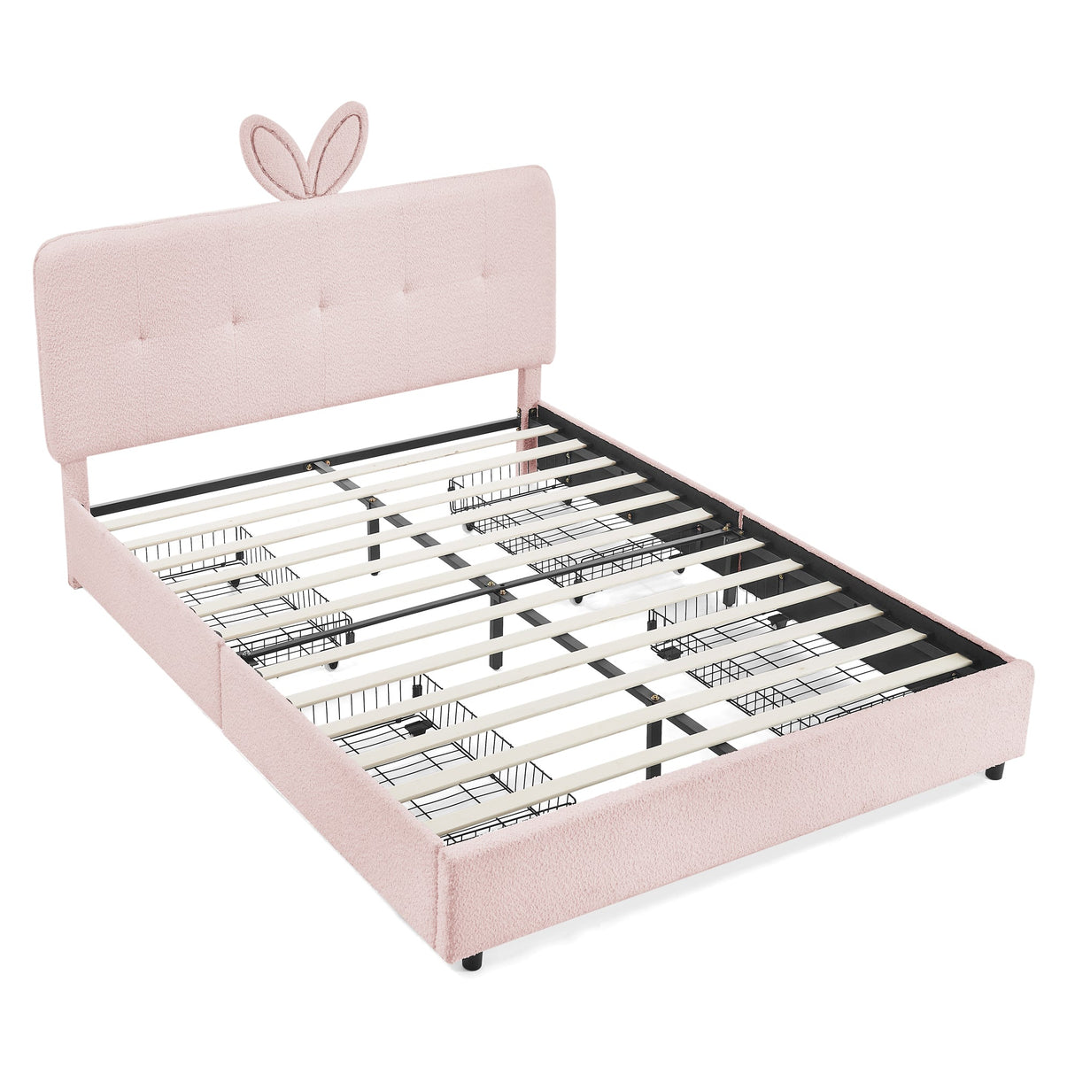 Queen Size Kids Upholstered Bed with Oversized Rabbit Ear Headboard, LED Light & 4 Storage Drawers, Boucle Fabric (84.5''X62.75''X41'')