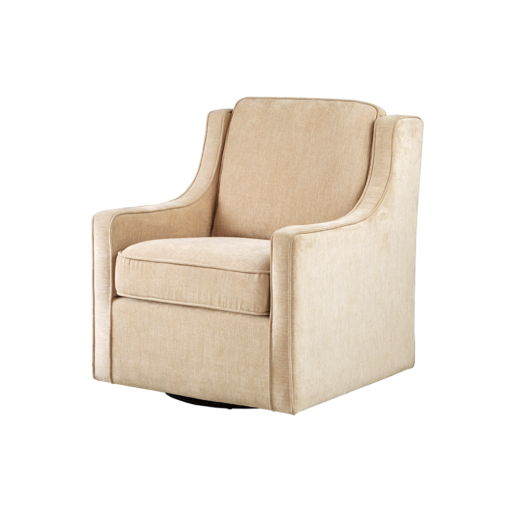 Upholstered Swivel Chair with Curved Armrest and Metal Base
