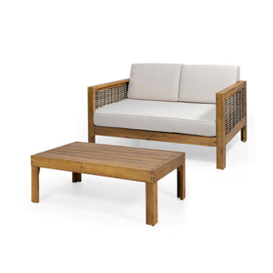 Outdoor Patio Set With Coffee Table And Loveseat - Teak / Beige