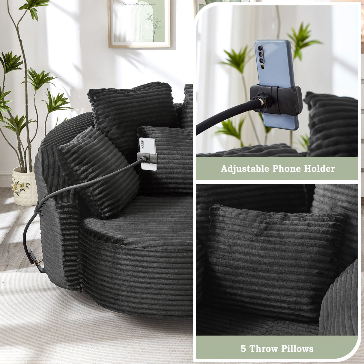 Swivel Accent Barrel Chair With Adjustable Phone Holder, 5 Pillows For Living Room