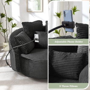 Swivel Accent Barrel Chair With Adjustable Phone Holder, 5 Pillows For Living Room