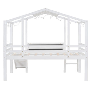 Loft House Bed With Ladder And Slide, With board And Light Strip On The Roof