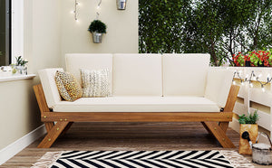 Topmax Outdoor Adjustable Patio Wooden Daybed Sofa Chaise Lounge with Cushions