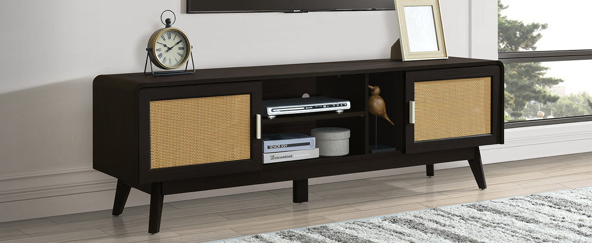 63'' Dark Rattan TV Stand with 2 Storage Cabinets and Solid Wood Legs