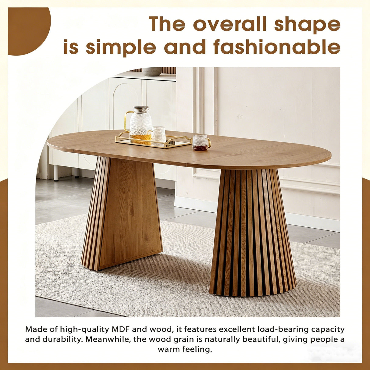Dining Table, Flexible Extendable Oval Design With Slatted Legs - Natural Wood