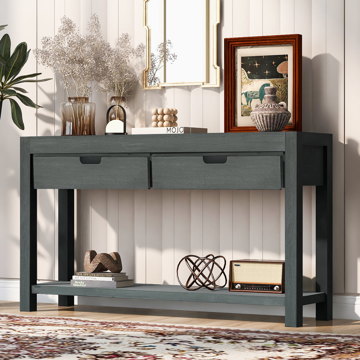 Hand-Finished Antique Green Console Table with Acacia