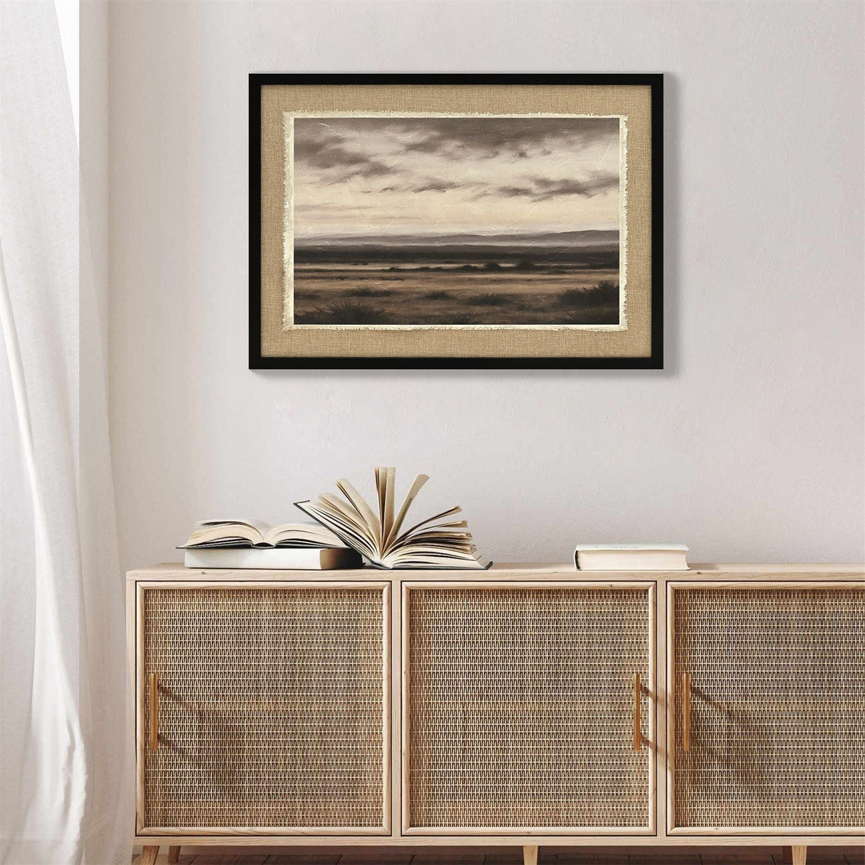 Vintage Landscape Large Framed Wall Art, Ember Black / Linen Sesame