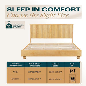 Natural Queen Size Wood Bed Frame With Reeded Headboard