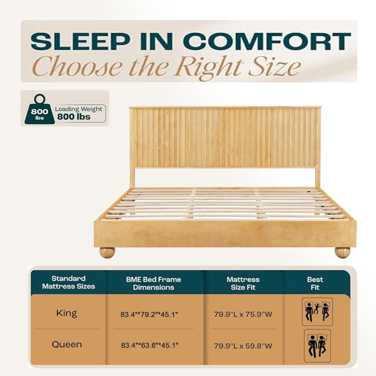 Natural Queen Size Wood Bed Frame With Reeded Headboard