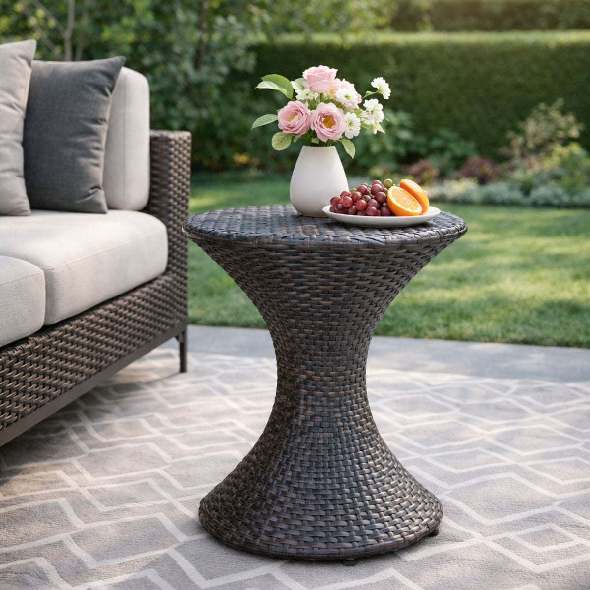 Outdoor Wicker Hourglass Side Table with Iron Frame – Multi-Brown