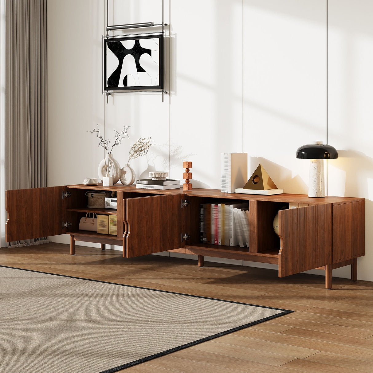 TV Stand With Legs, Media Console, 4 Cabinets For Living Room - Natural Wood