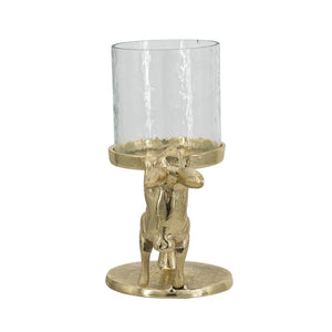 Set of 2 Gold Rabbit Pillar Candle Holders with Clear Glass Hurricane Shade
