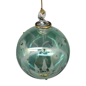 Etched Blown Glass Ball with Crystal Accents - Green