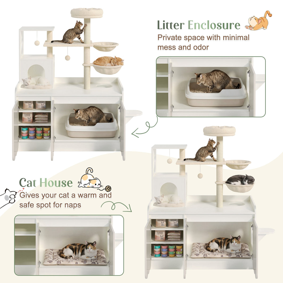 50.6" Cat Tree with Litter Box Enclosure, Sisal Scratching Post & Storage