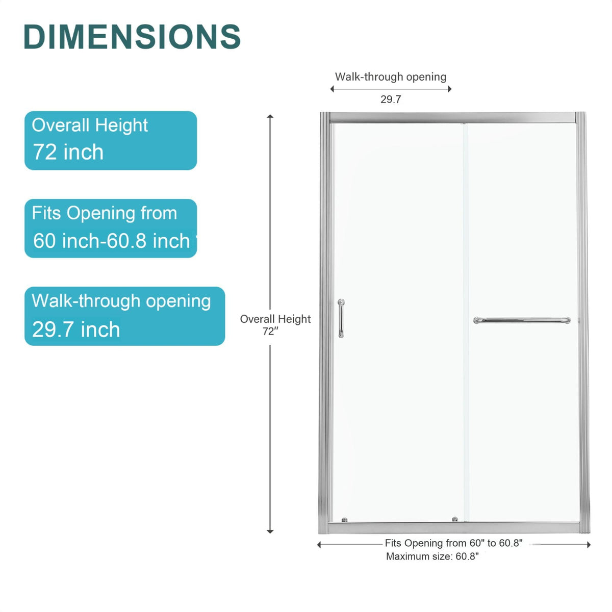 Single Sliding Bypass Shower Door with Tempered Glass Enclosure - Pearl Silver or Gray