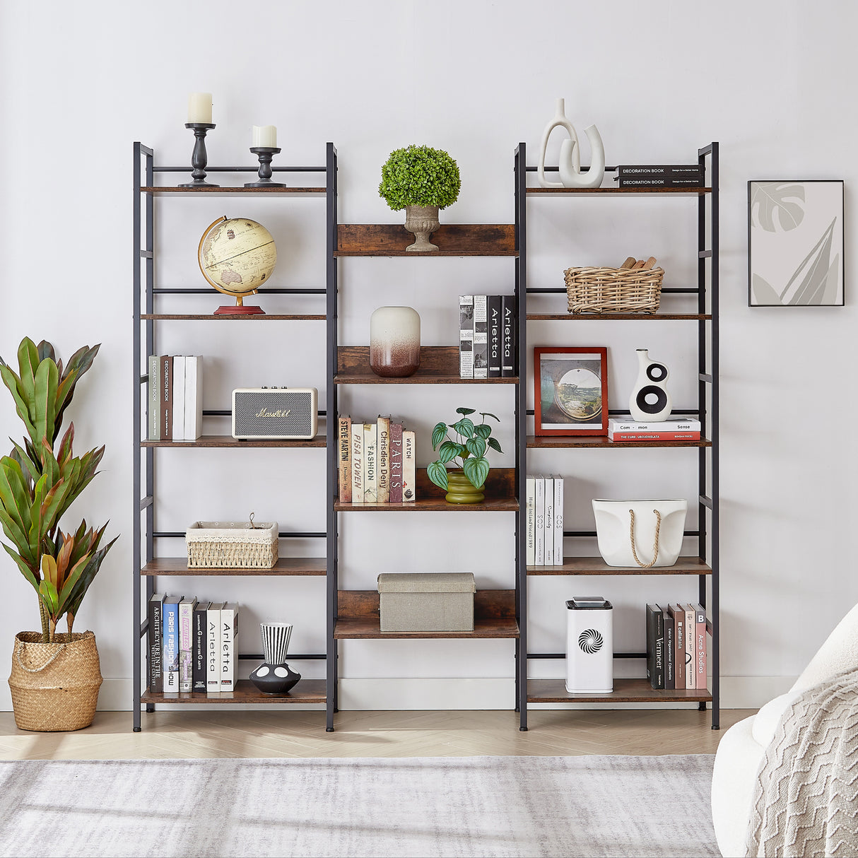 Triple-Wide-5-shelf-Bookshelves-Industrial-Retro-Wooden-Style-Home-and-Office-Large-Open-Bookshelves,-Rustic-Brown，69.3’’W-x-11.8’’D-x-70.1’’H-