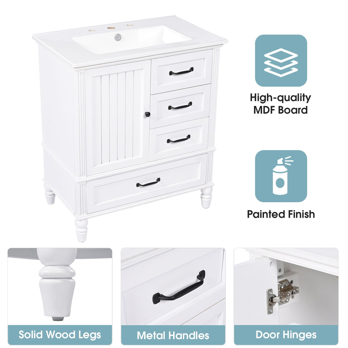 30" Bathroom Vanity With Sink, 3 Drawers, Adjustable Feet