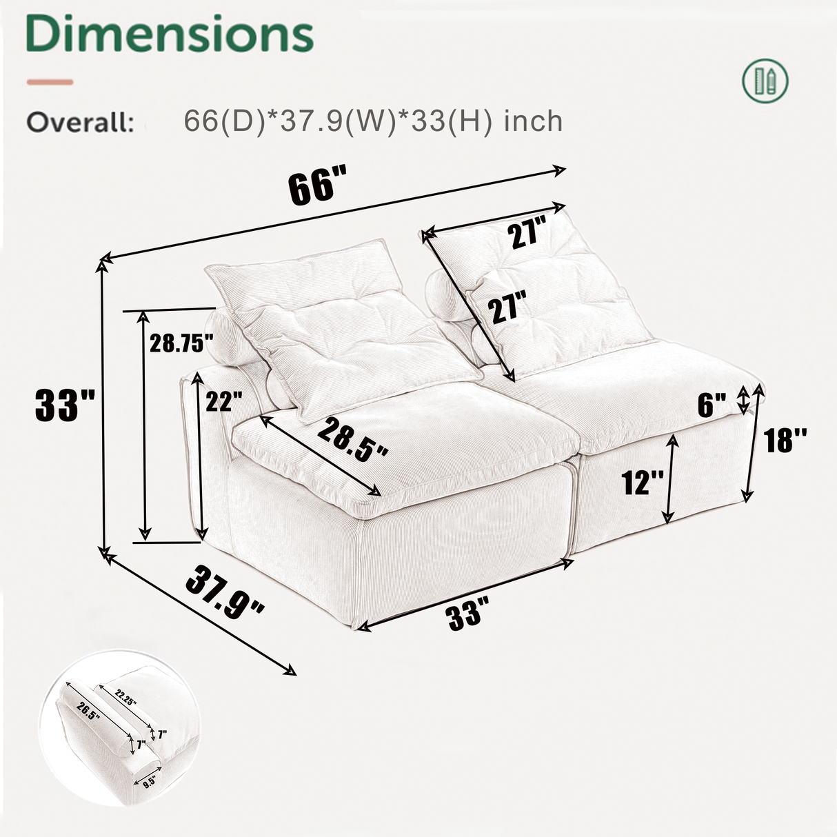 Modular Sofa with Neck and Lumbar Pillows - 2 Seats
