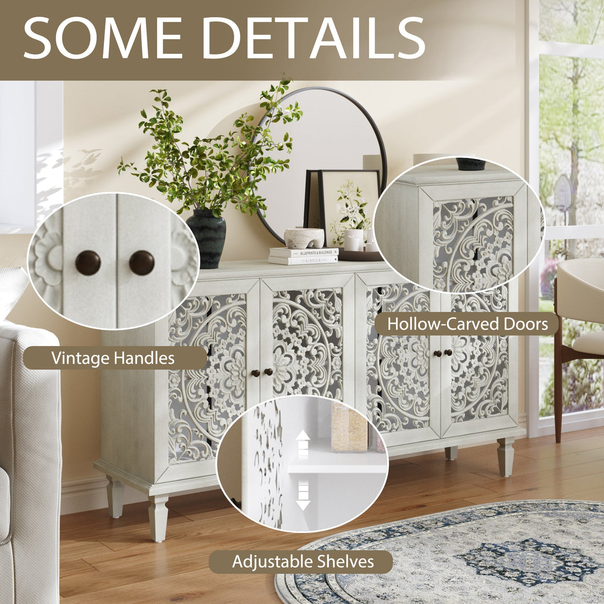 60" Antique Buffet Cabinet with Floral Carvings and Solid Wood Legs