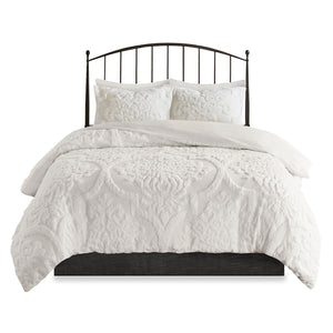 3 Piece Tufted Cotton Chenille Damask Comforter Set Off-White King/Cal King
