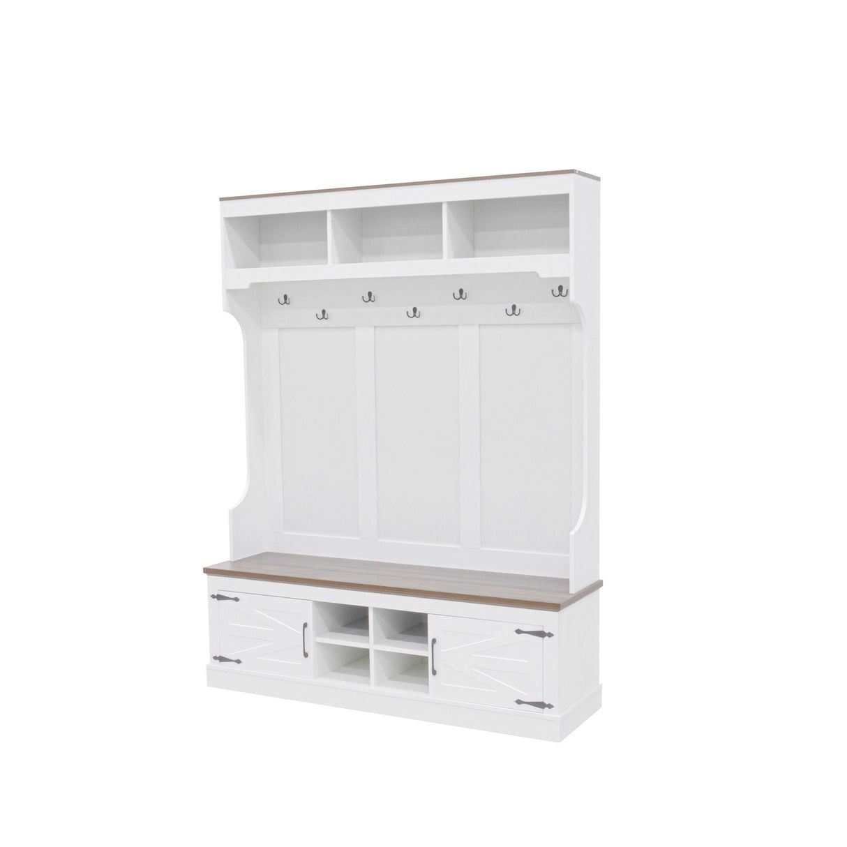 Hall Tree With Bench And Shoe Storage, 5 In 1 Entryway Organizer Cabinet With Coat Rack, 4 Shoe Cubbies & 7 Hooks - White