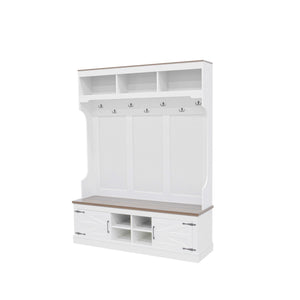 Hall Tree With Bench And Shoe Storage, 5 In 1 Entryway Organizer Cabinet With Coat Rack, 4 Shoe Cubbies & 7 Hooks - White