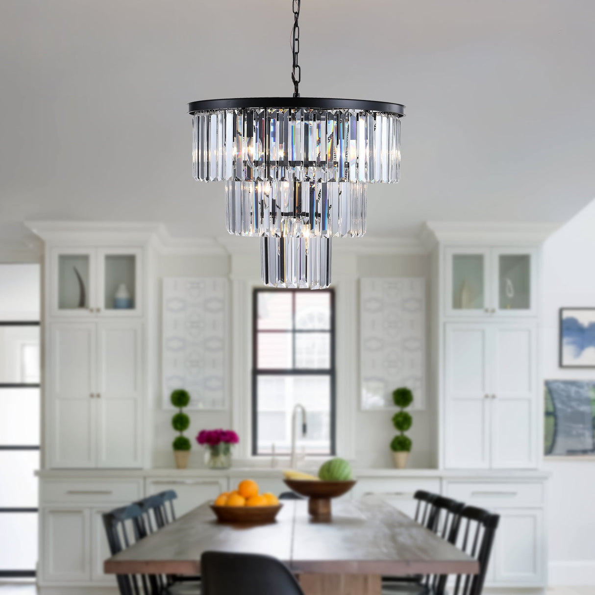20' Luxury 3-Tier Crystal Chandelier, 7-Light Black Frame Pendant Light, Elegant Ceiling Lighting for Living Room, Dining Room, Bedroom (No Bulbs)